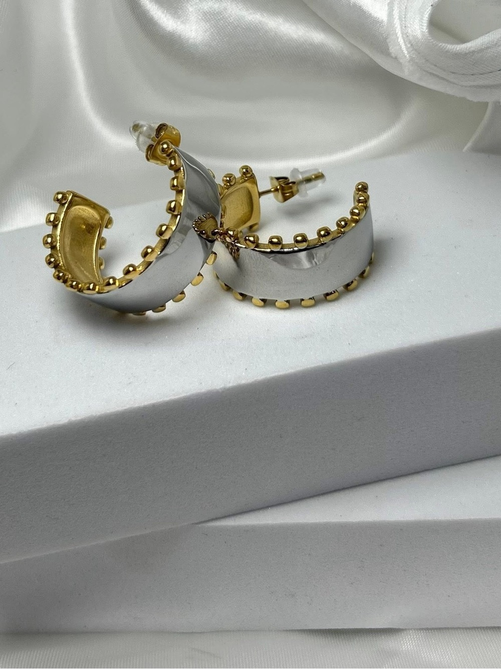 Two-Tone Gold & Silver Beaded-Edge Half-Hoop Earrings
